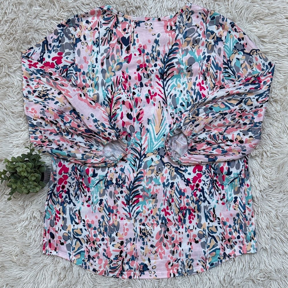 🎉HP🎉 Boutique Floral Print Bubble Sleeve Top 💗 White Pink & Blue - Picture 4 of 14